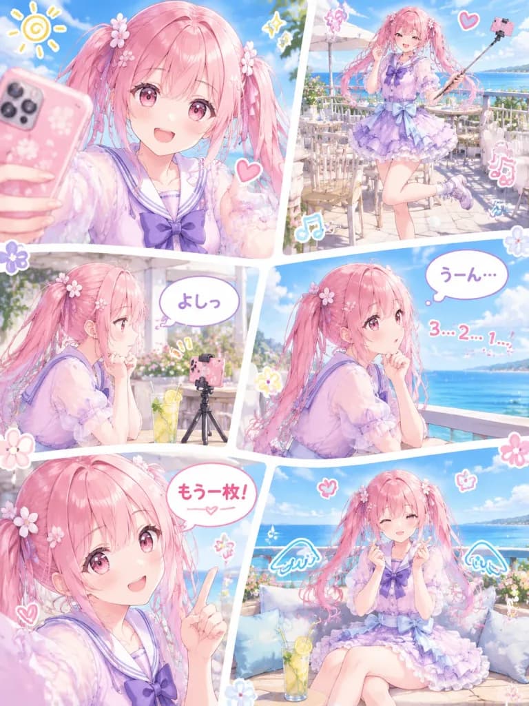 パステル調アイドル自撮りマンガコラージュ