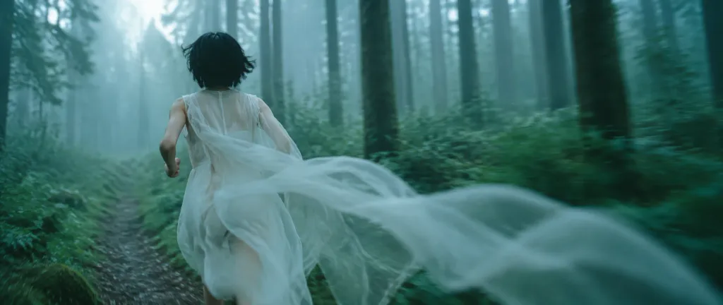 Cinematic Figure Running Through Misty Forest