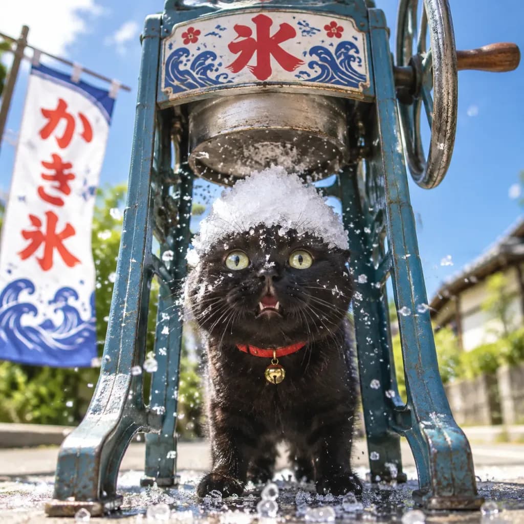 かき氷機の下で驚く猫