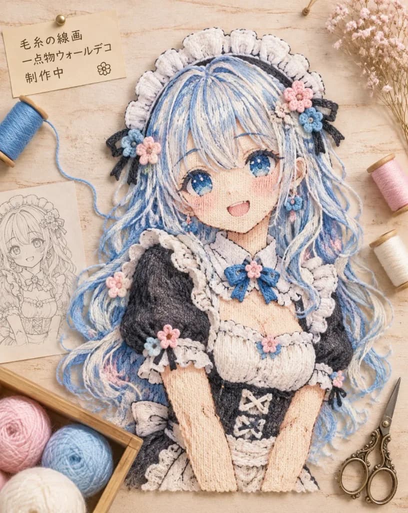 Anime Maid Fiber Art Yarn Portrait