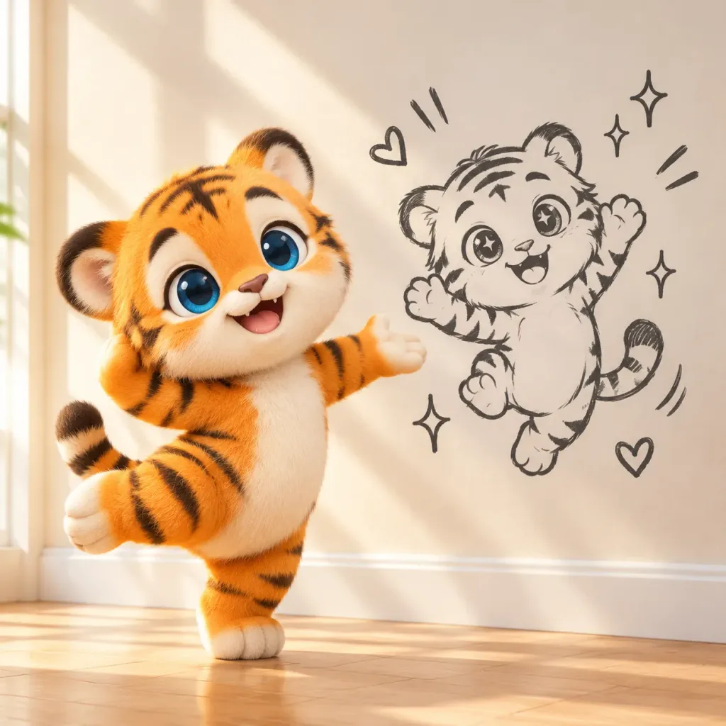 Baby Tiger Mascot Beside Wall Doodle