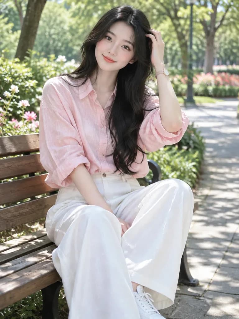 春の公園で佇む東アジア人女性のポートレート