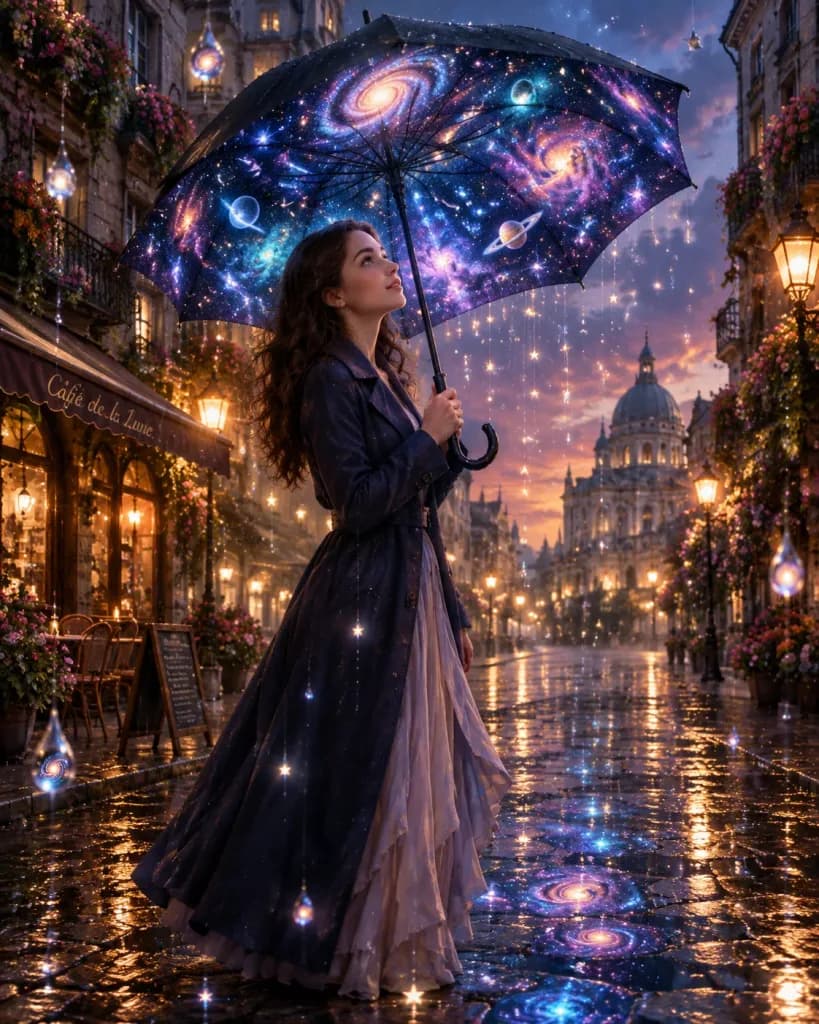 Cosmic Umbrella on Rainy European Street
