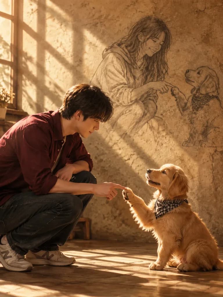 Man and Puppy with Charcoal Mural
