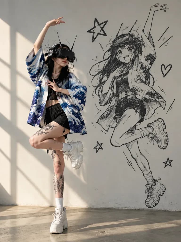 VR着物ファッションと壁のアニメスケッチ