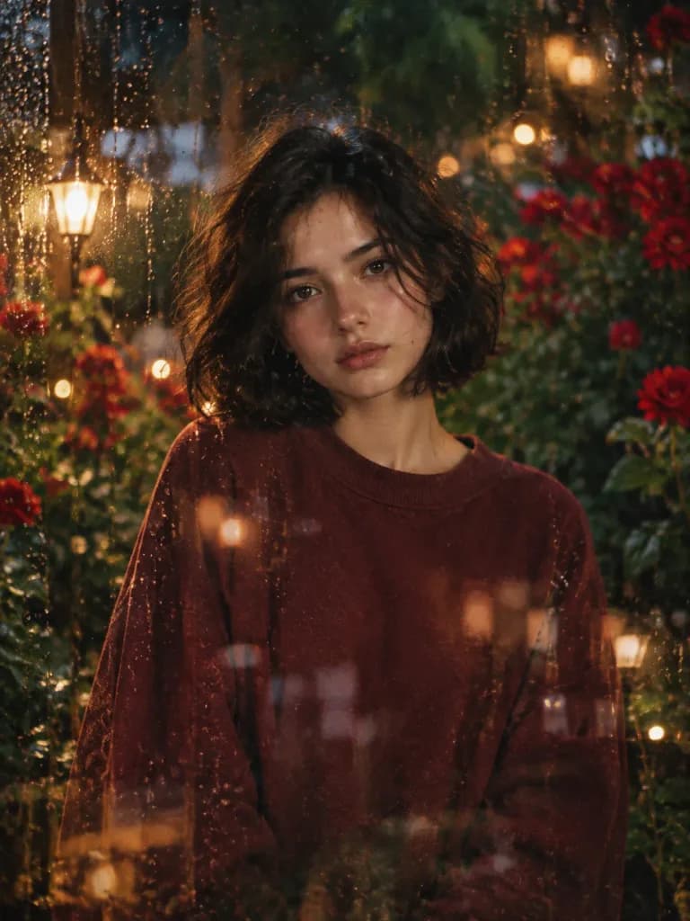Rainy Window Night Garden Portrait