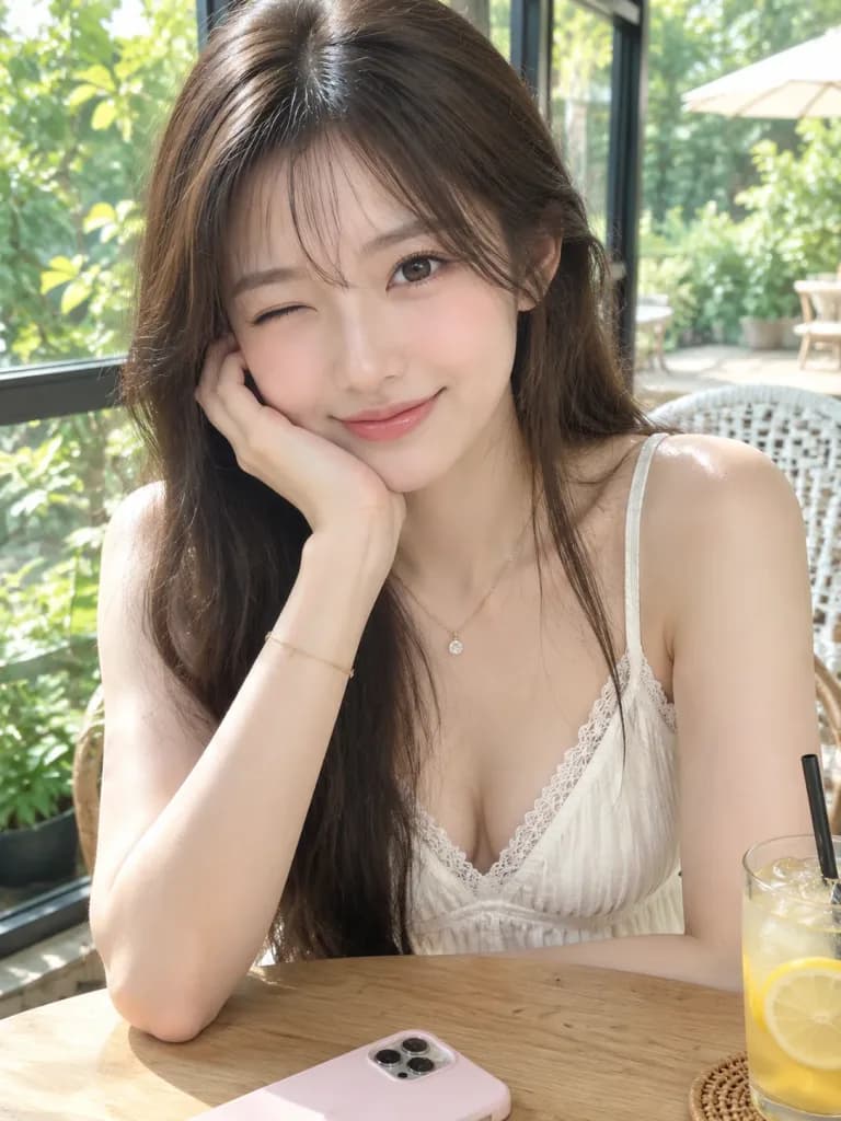 햇살 가득한 카페에서 윙크하는 여성