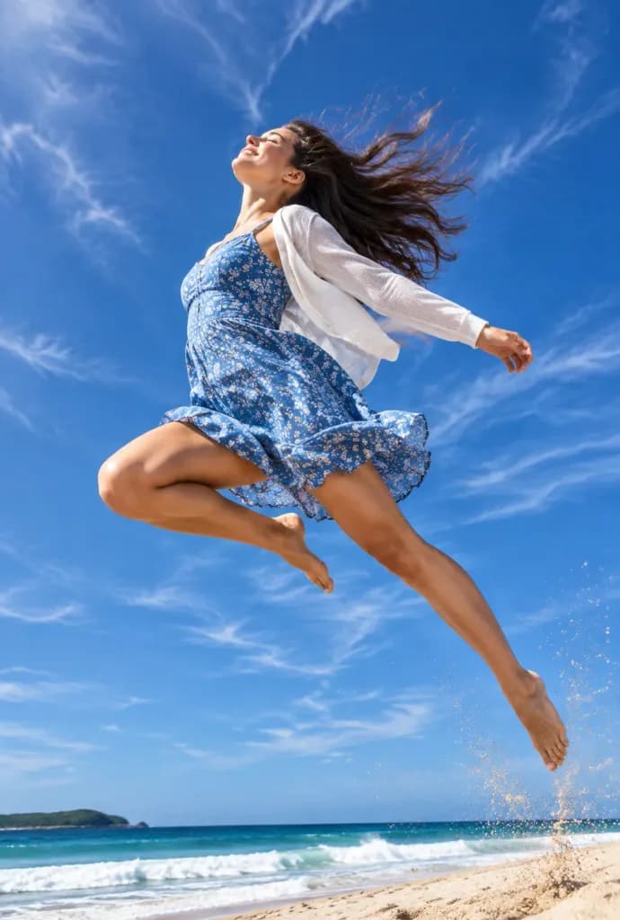 Woman Jumping High on Beach