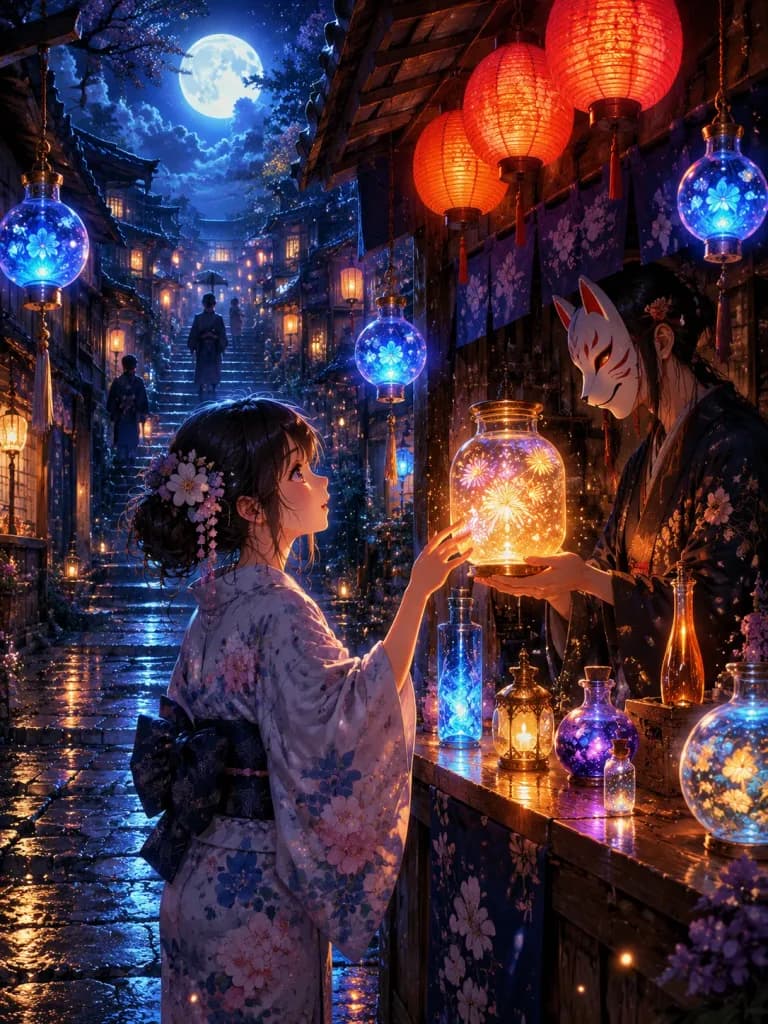 Moonlit Japanese Night Market Fantasy
