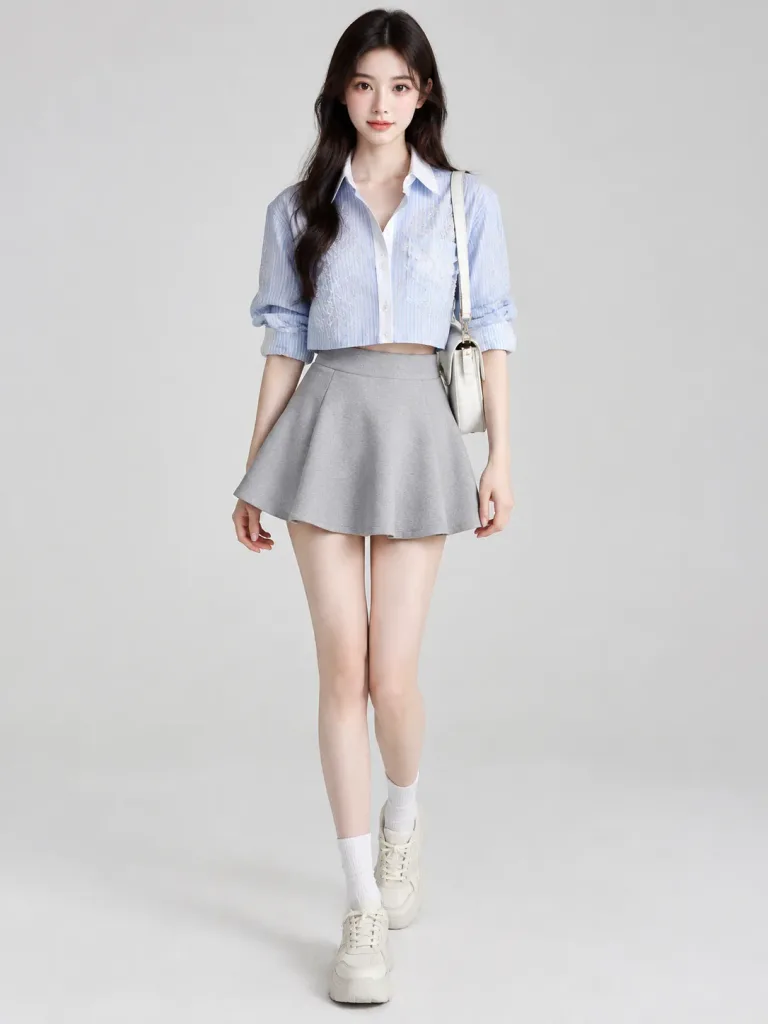 Embroidered Pinstripe Shirt and Skater Skirt Outfit