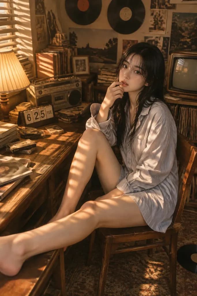 햇살 가득한 빈티지 레코드 룸 인물 사진