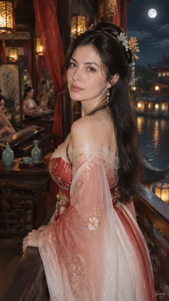 Moonlit Hanfu Portrait on Jiangnan Balcony