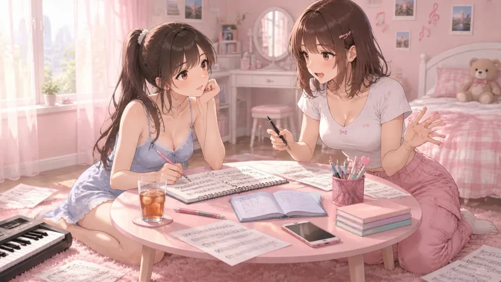 粉彩臥室中的少女音樂創作