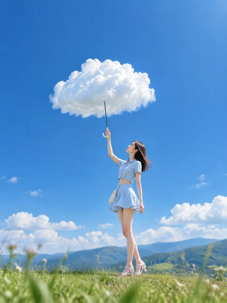 夏の雲の傘を持つ女性
