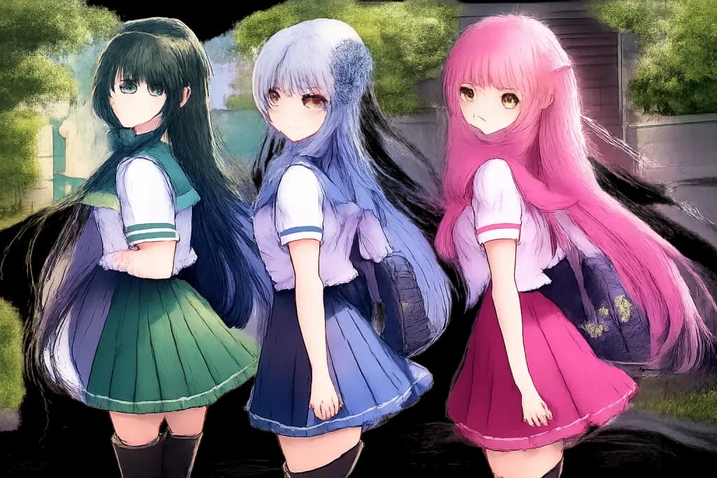 Three Anime Schoolgirls on Residential Street