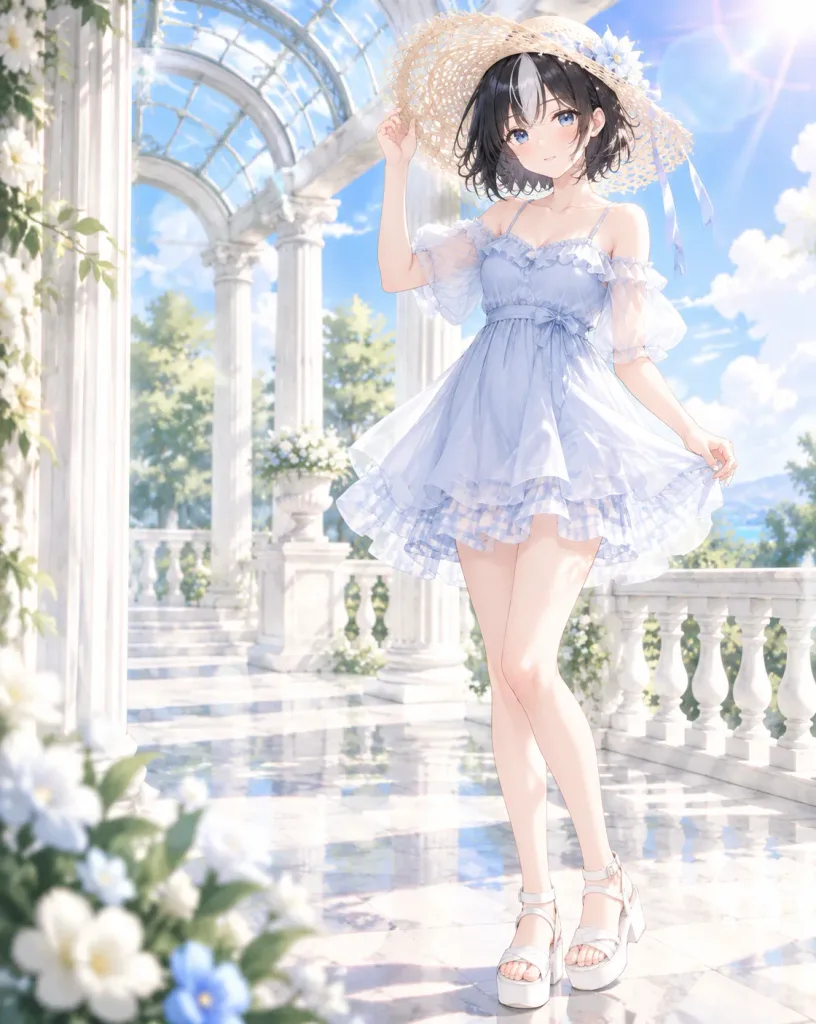 Ragazza anime estiva in un padiglione soleggiato
