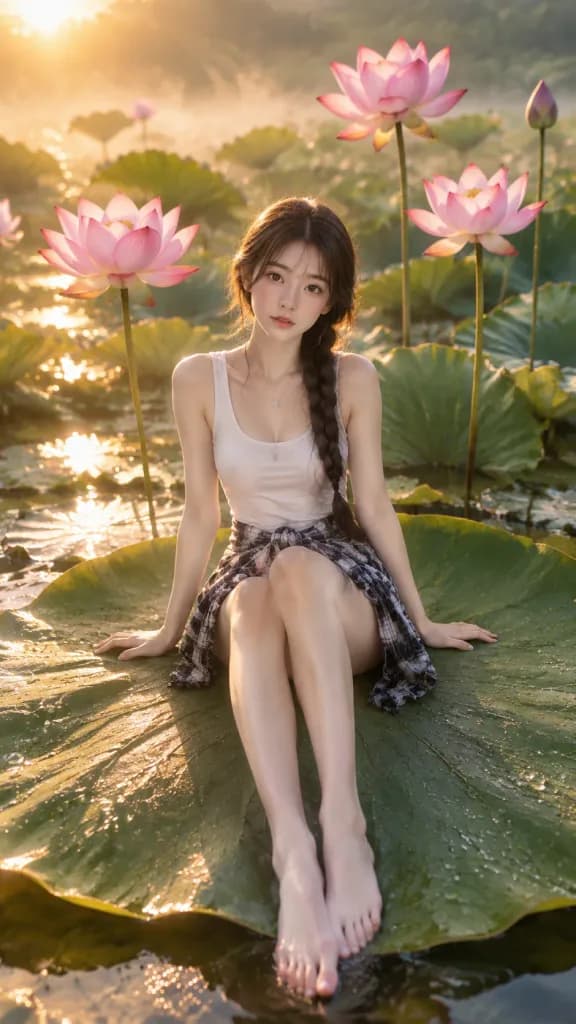巨大な蓮の葉に座る女性
