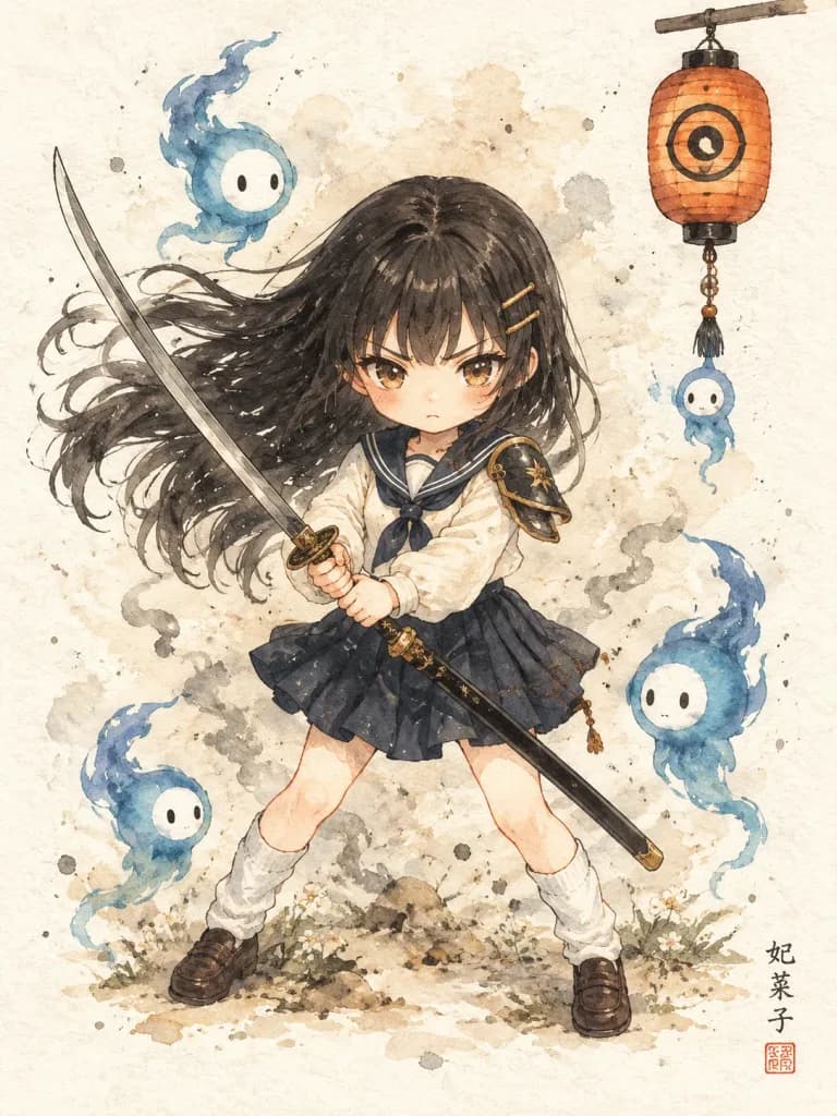 Chibi Schoolgirl Katana Wielder Watercolor