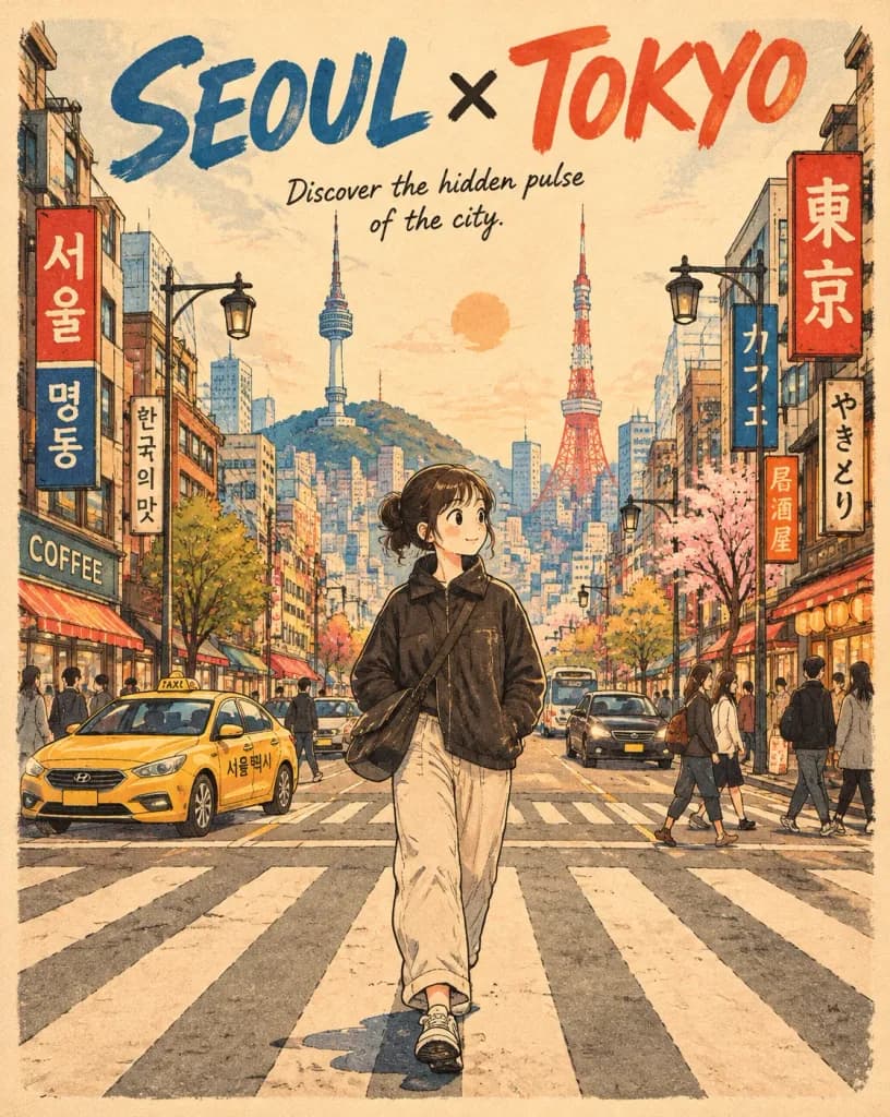首尔与东京复古旅行海报