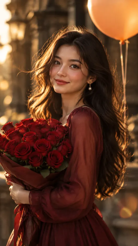 Golden Hour Portrait with Red Roses