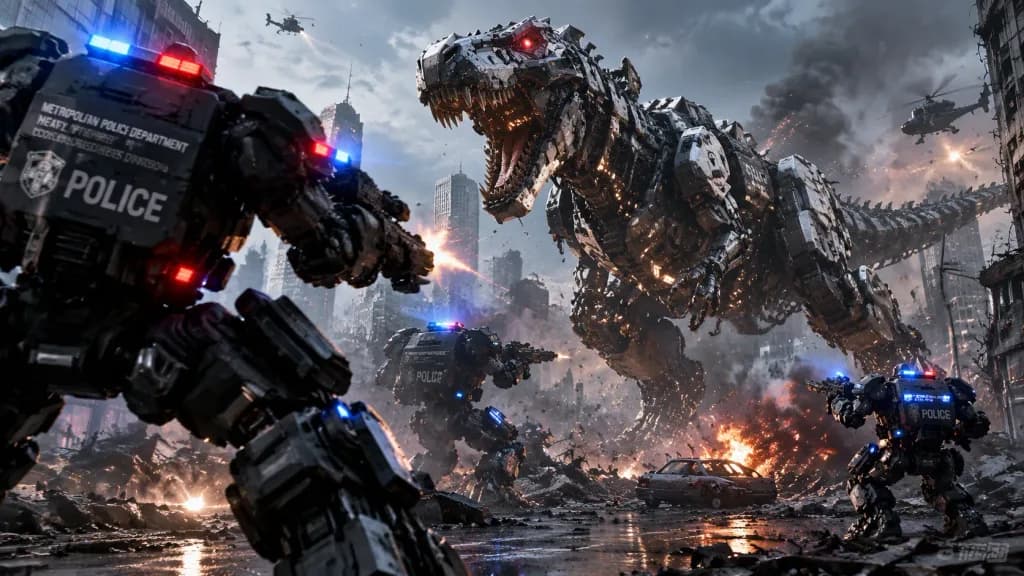 Police Robot Squad Battling Mech Dinosaur