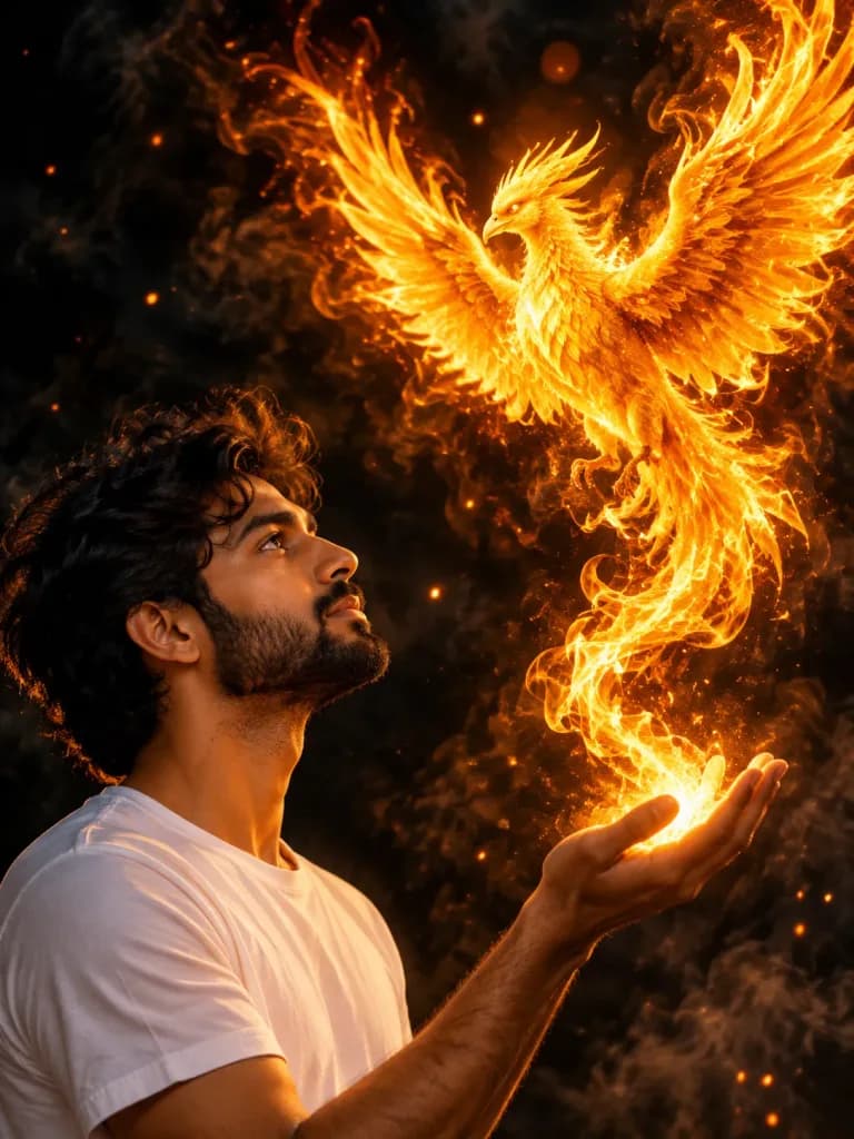 Man Summoning a Flaming Phoenix