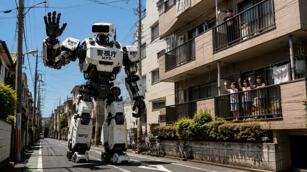 東京の街並みを巡回する巨大警察ロボット