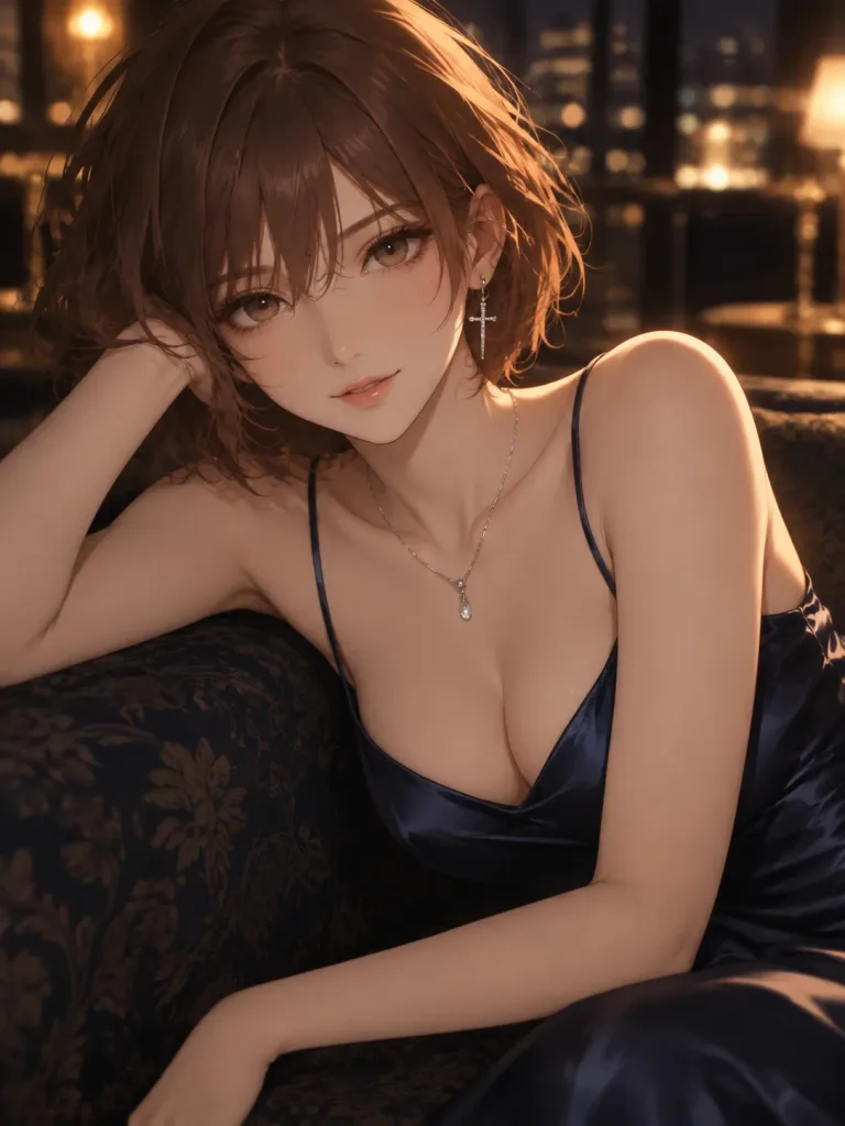 ラウンジに佇む優雅な女性のアニメポートレート