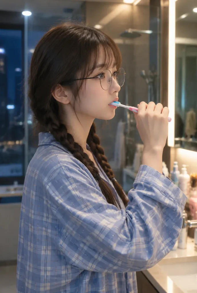 Woman Brushing Teeth in Night Bathroom
