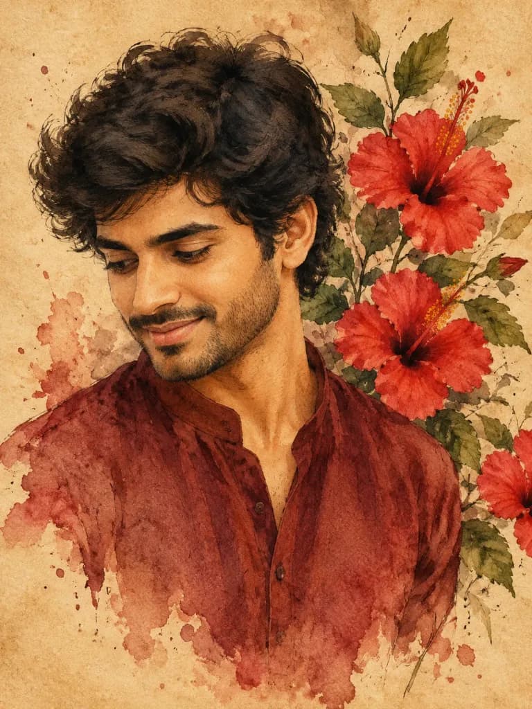 Watercolor Indian Man with Hibiscus