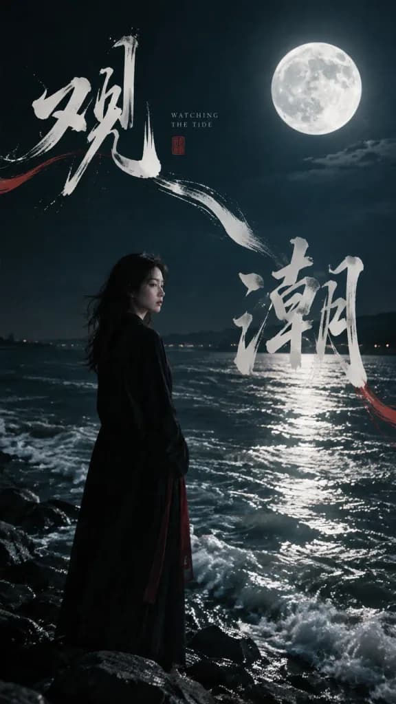 月夜觀潮東方美學海報