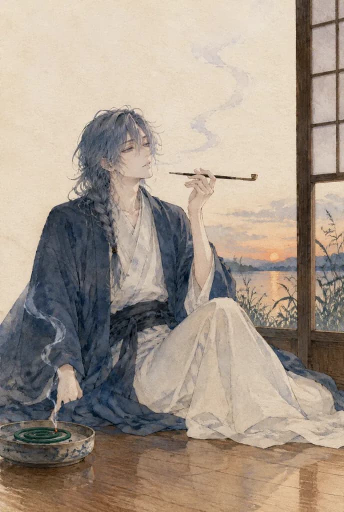 Japanese Kimono Pipe Smoker Watercolor