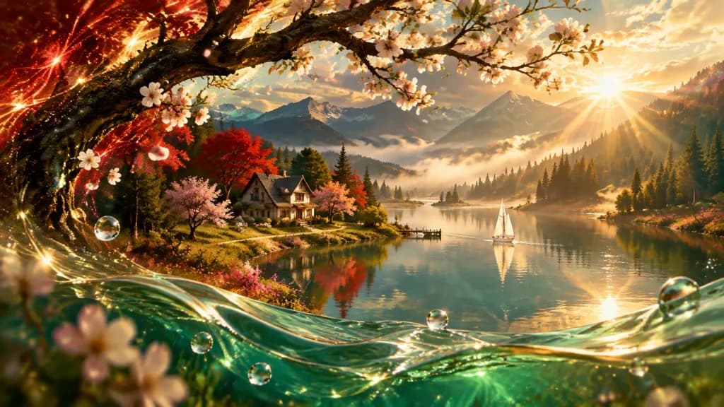 幻想的な超現実の湖と川の風景