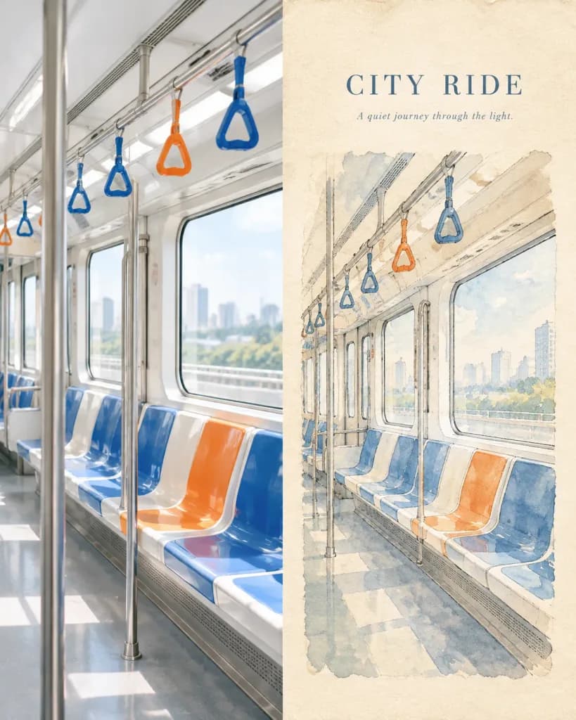 Modern Train Interior Photo and Watercolor Diptych
