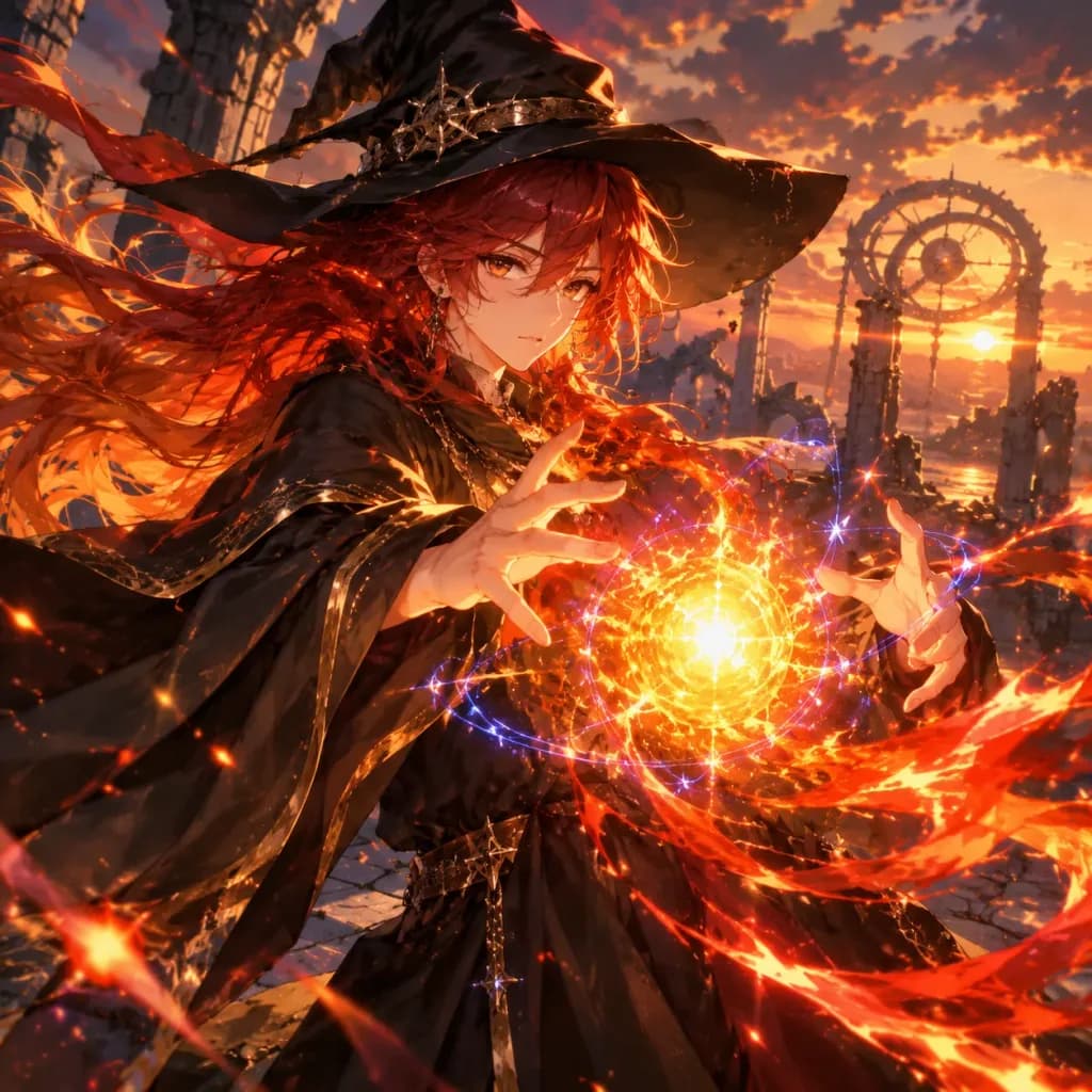 Anime Witch Conjuring Flame Spell