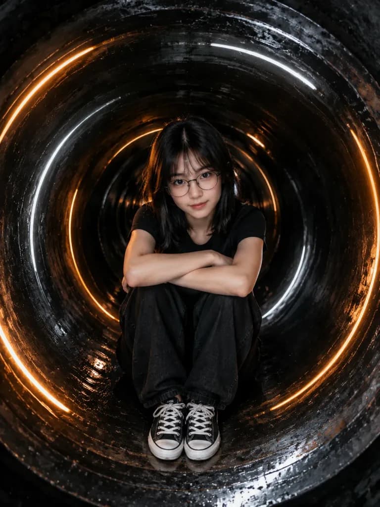 工業パイプ内の長時間露光ハローポートレート