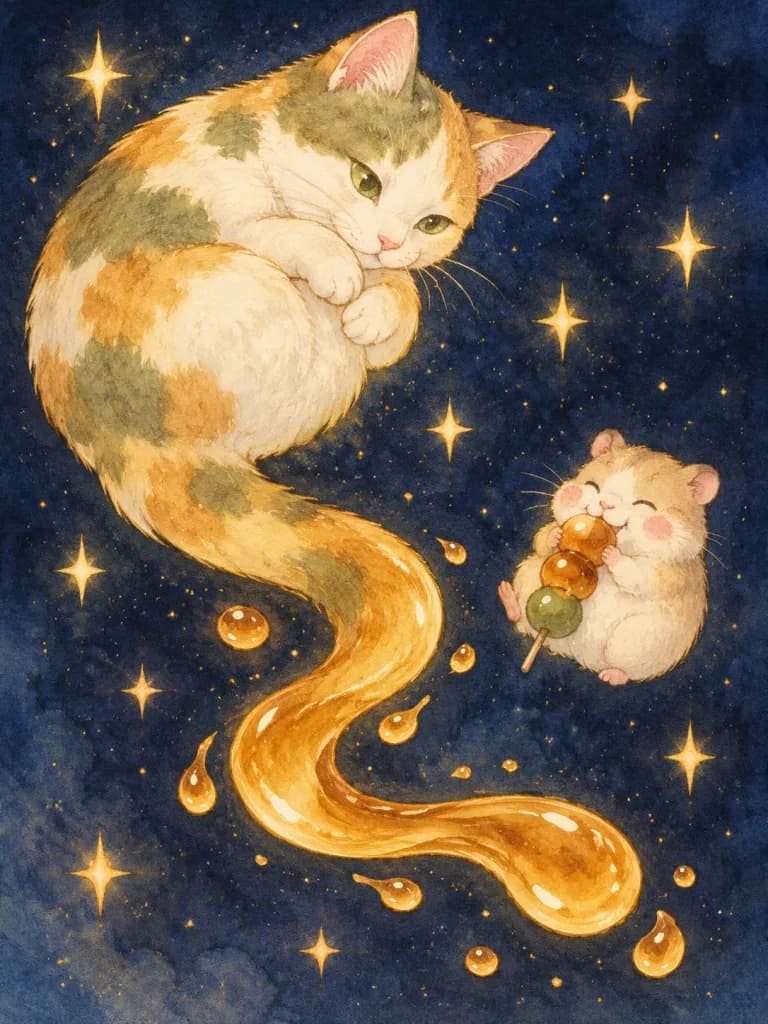 夜空のみたらし三毛猫とハムスター