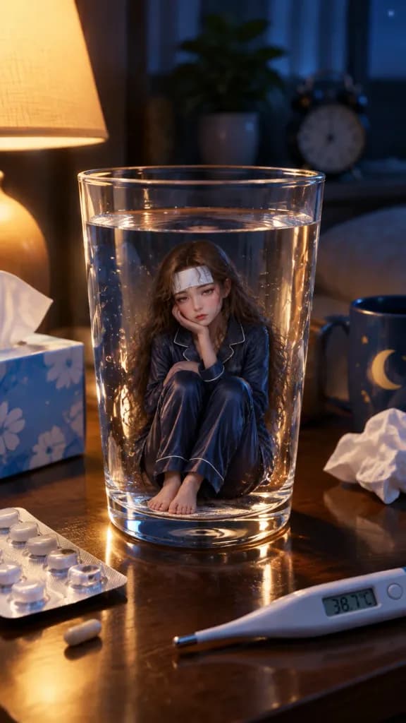 水杯中的生病微缩少女
