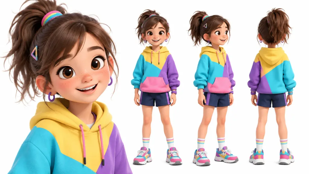 Animated Girl 3D Character Turnaround Sheet