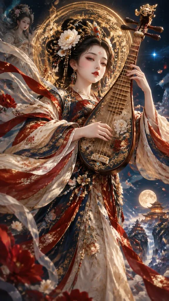 Celestial Chinese Goddess Playing Pipa