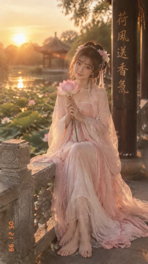Sunset Hanfu Portrait at Lotus Pond
