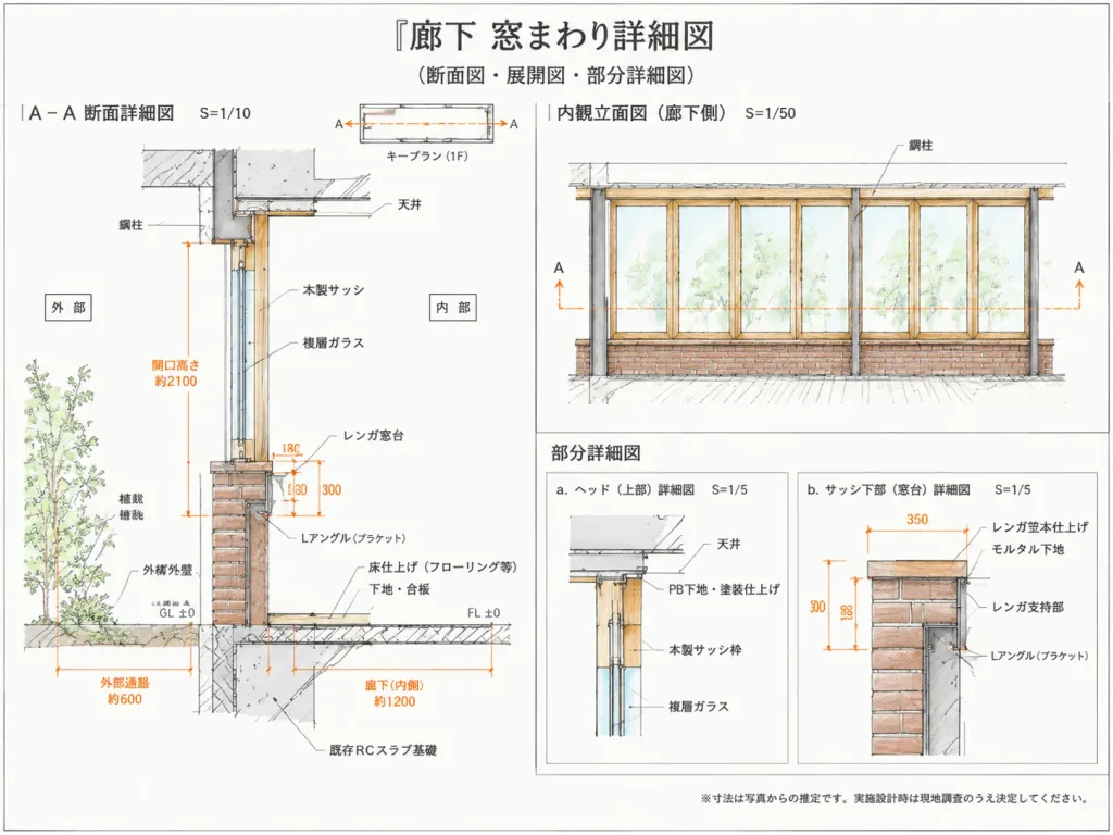 日本建築の廊下窓まわり詳細図