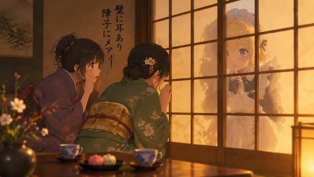 障子紙門前竊竊私語的女僕動漫場景