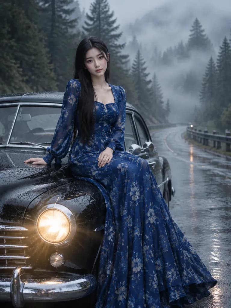 霧中山路復古車上的韓國女子