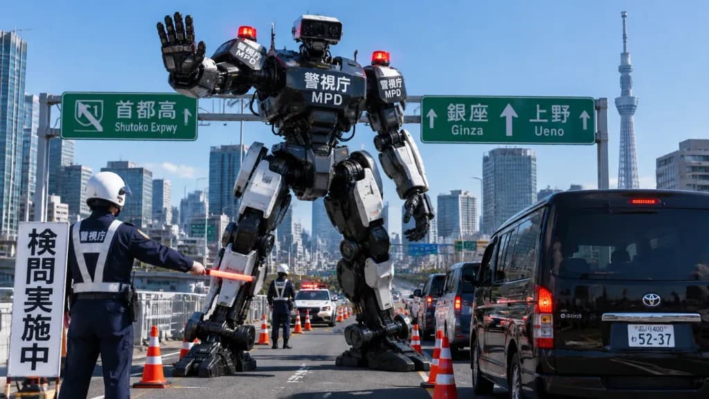 Giant Police Robot Highway Checkpoint