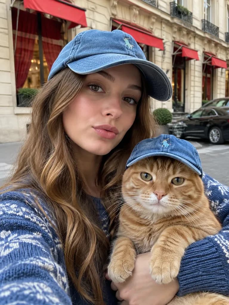 お揃いキャップの猫との街頭セルフィー