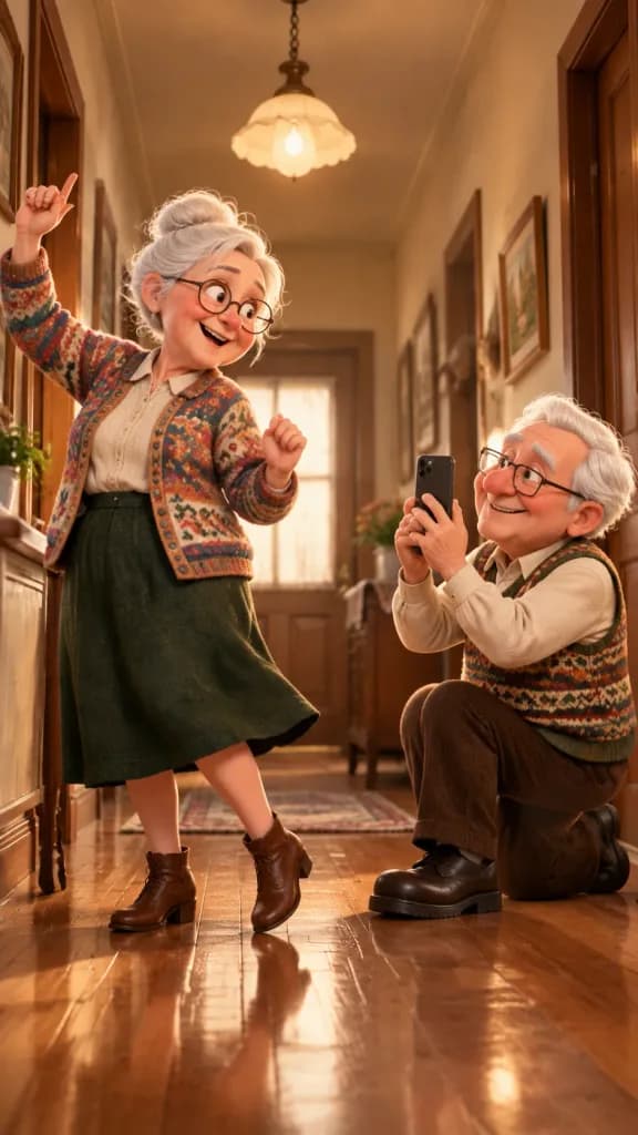Elderly Couple Dancing in Vintage Hallway