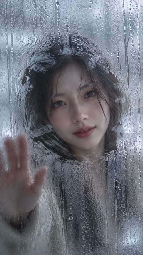 김 서린 유리 뒤 사실적인 인물 사진