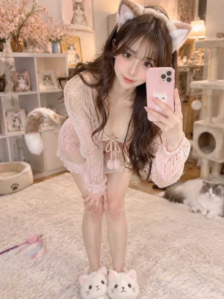 貓耳針織洋裝自拍女子