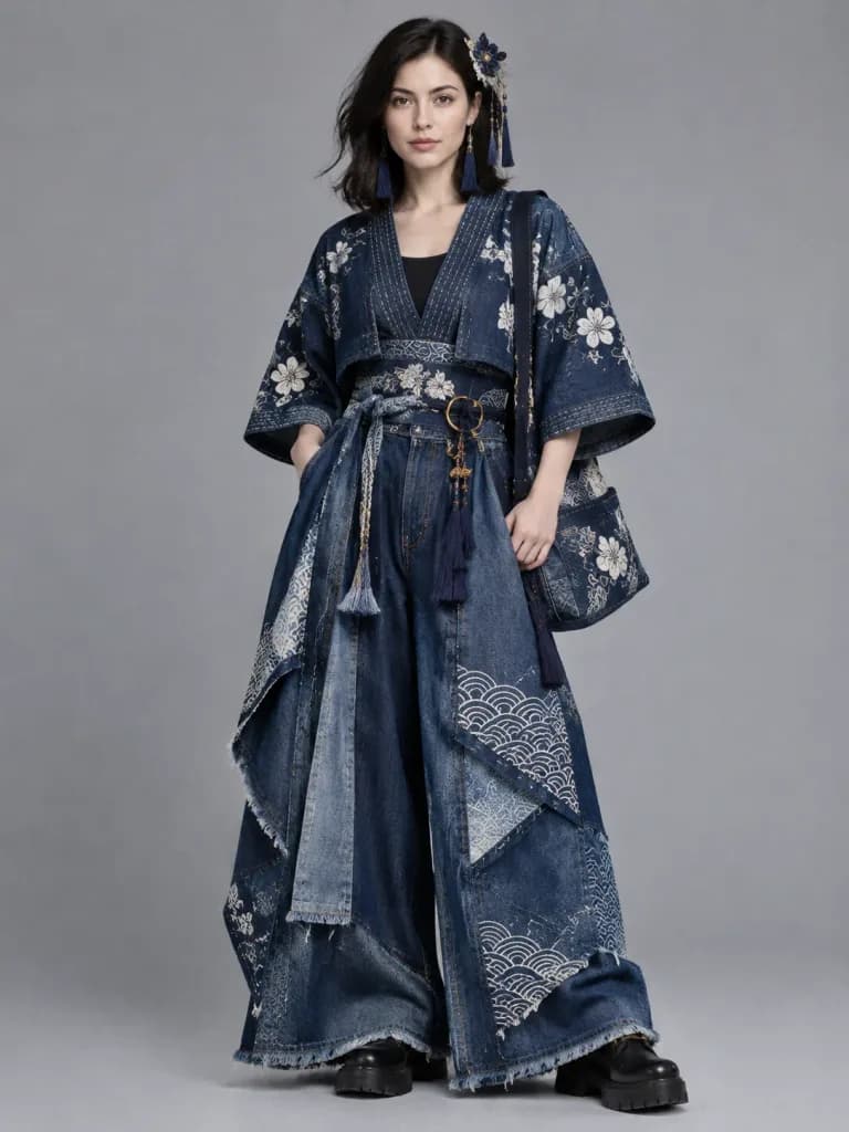 Japanese Indigo Denim Kimono Streetwear Portrait